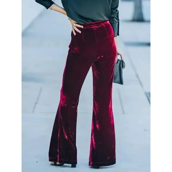High Waist Velvet Flare Holiday Dressy Pants - Picture 6 of 15